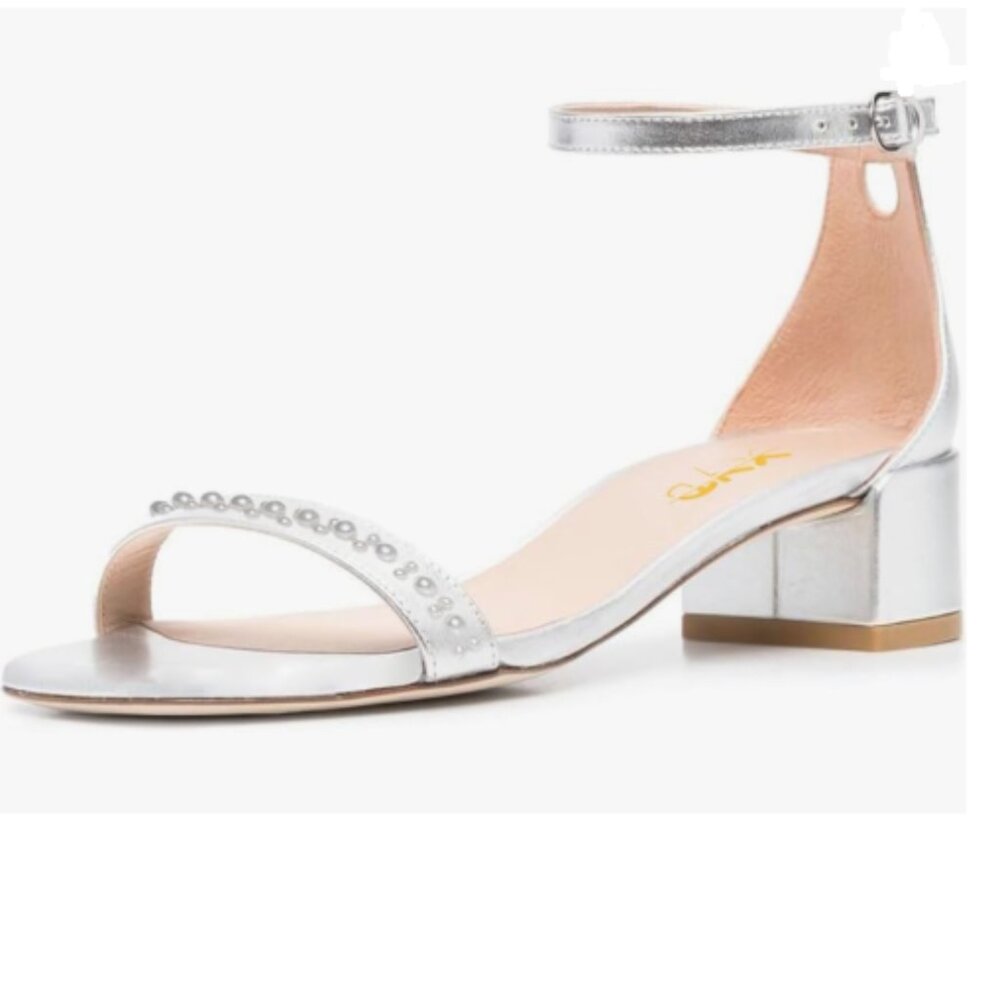 XYD Silver Ankle-Strap Block Heel Sandals with Rhinestone Toe Strap